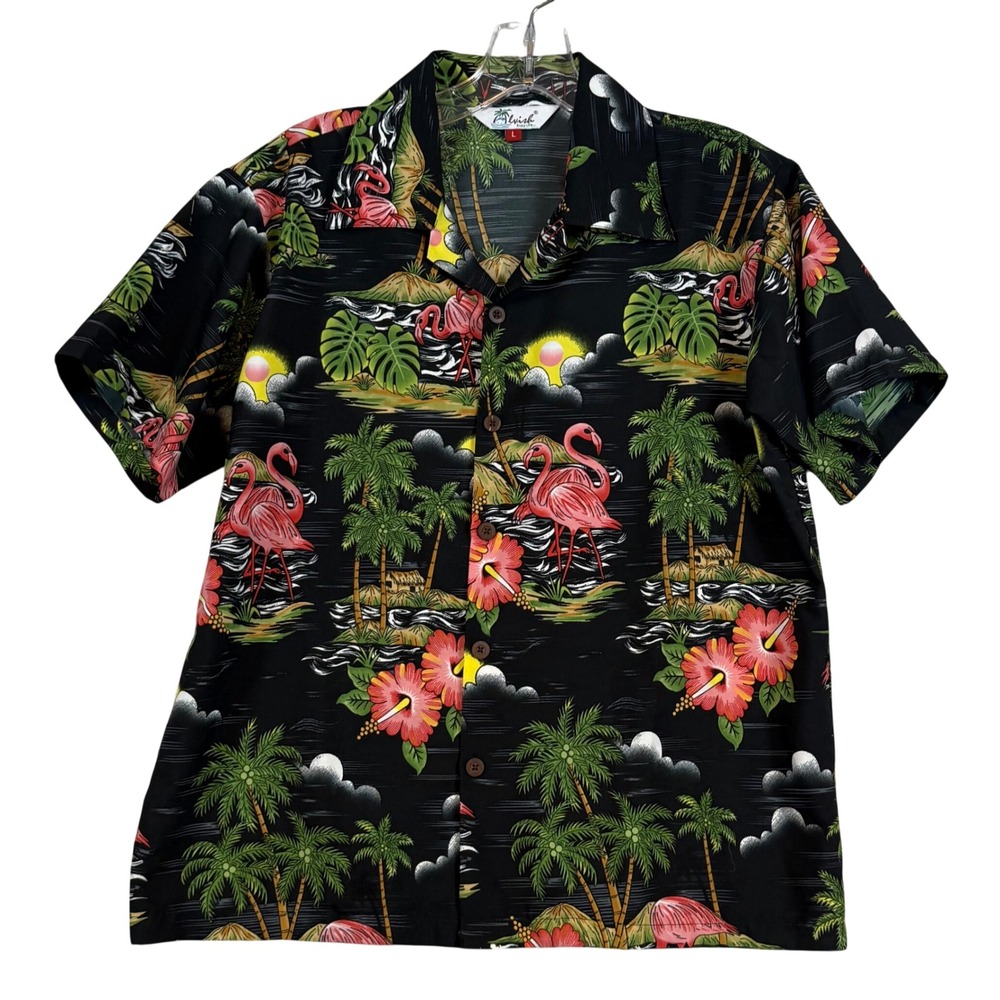 Kids Large Hawaiian Shirt Black Flamingo Tropical Palm Tree Hibiscus Button Up